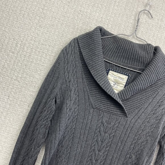 VTG Tommy Hilfiger Womens M Cable Knit Sweater Shawl Collar Neutral Grey - Picture 4 of 12
